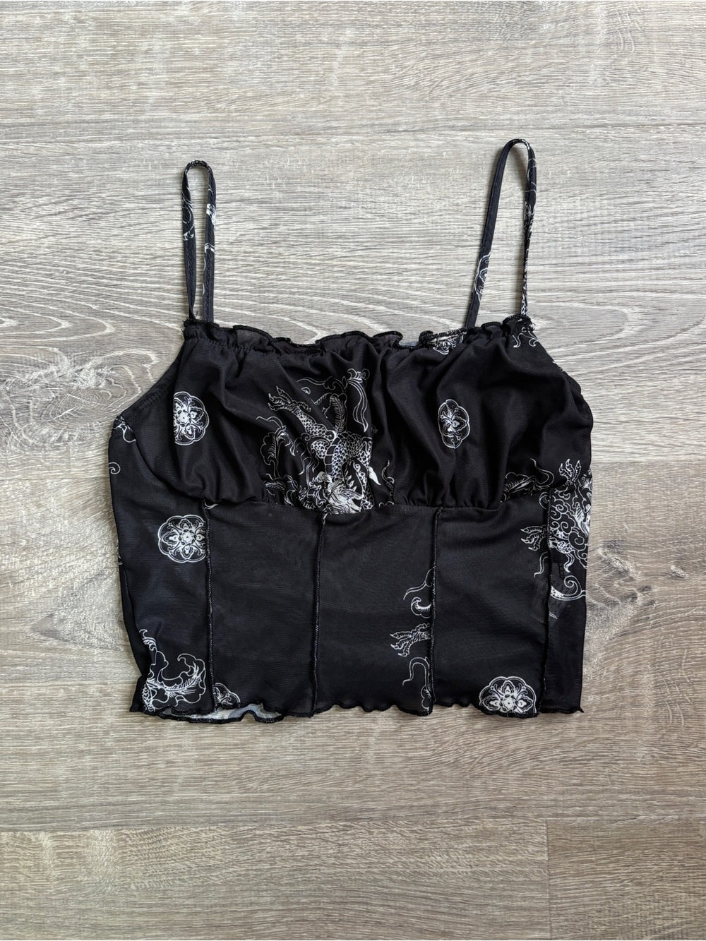SHEIN Black Dragon Print Mesh Crop Camisole